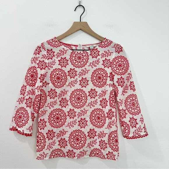 Boden Clara Broderie Anglaise Eyelet Emboidered Red White 3/4 Sleeve Top size 4 - Picture 2 of 7